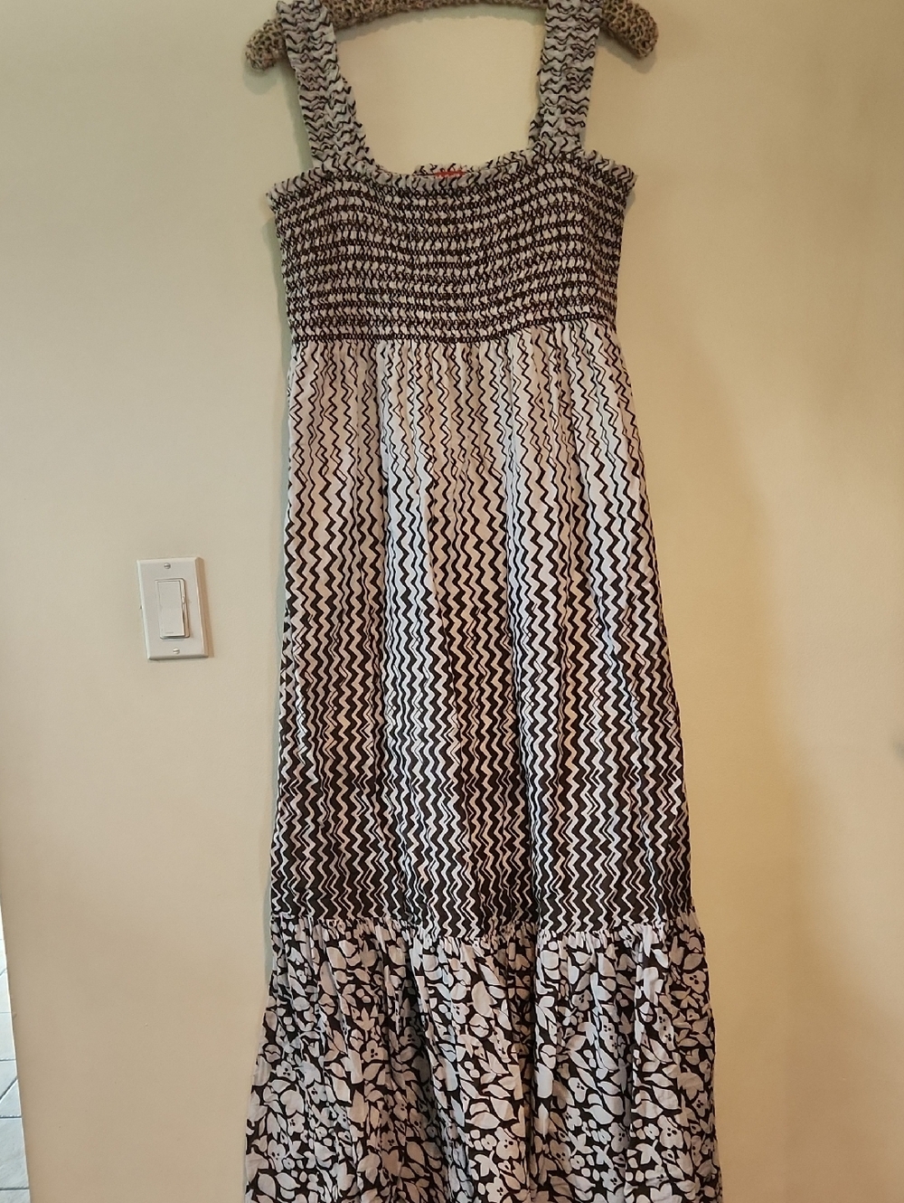 Elle Brown and White Smocked Maxi Dress with Mixed Prints